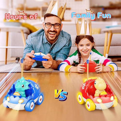 2 Pack Dinosaur Remote Control Cars Toys for Kids 2 3 4 5 6 Years Old, Christmas Birthday Gifts for Boys and Girls Ages 2-6, Dino Race Car Toddlers Toys with Music and Light(Red Blue)